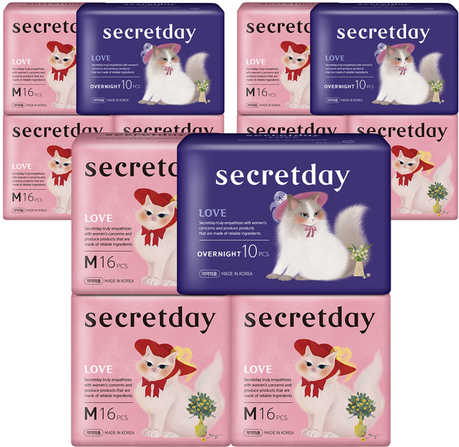 시크릿데이 날개형 생리대 러브 중형 16p x 3팩 + 러브 오버나이트 10p, 3세트