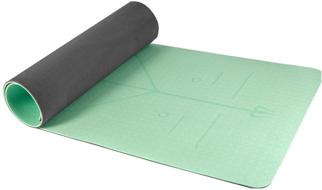 雙色體位線環保TPE靜音瑜珈墊 附背帶 + 透氣網袋 加厚8mm, 抹茶綠, 1組
