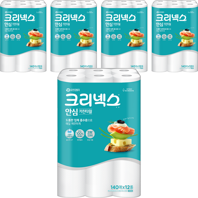 Kleenex 安心雙層捲筒式廚房紙巾 140張, 12捲, 5袋