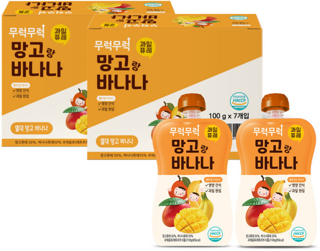 이유케어스 무럭무럭 과일 퓨레, 망고 + 바나나 혼합맛, 14개, 100g