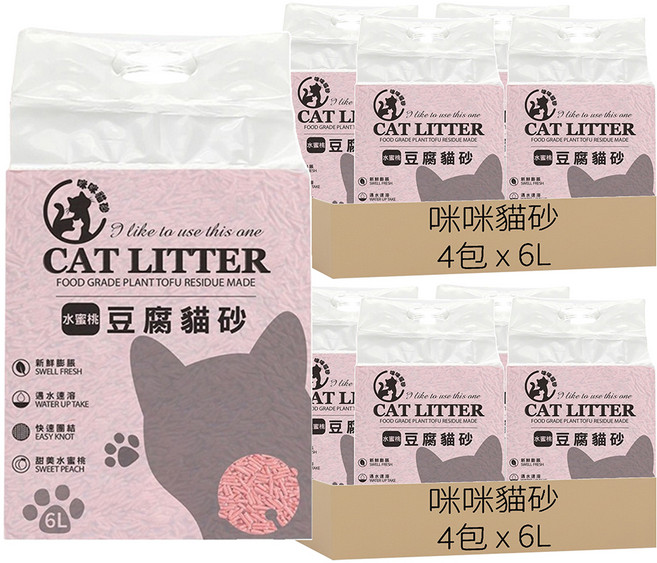 咪咪貓砂 CAT LITTER 植物豆腐貓砂, 水蜜桃, 6L, 8包