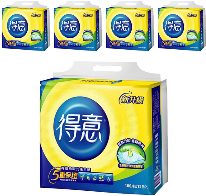 得意 連續抽取式花紋衛生紙 柔軟升級 細緻棉柔 400度高溫殺菌處理, 12包, 5袋