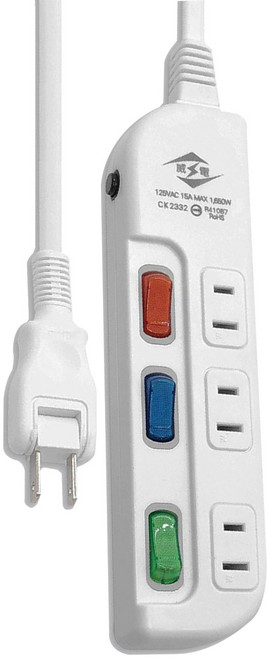 spirit 電精靈 台灣製造 3開3插 過載保護 2P轉向插頭電腦延長線 MAX1650W 125V 15A, 2.7m, 白色, 1條