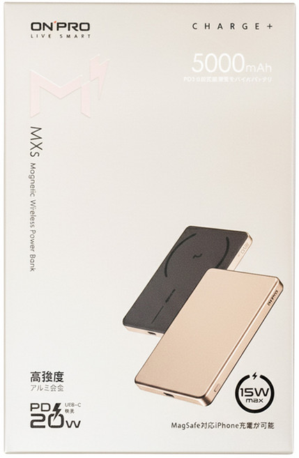 ONPRO 可充式鋰離子磁吸行動電源 附USB-C Cable + 收納套 96 x 65.8 x 9.6mm 113g, MagReact MXs, 原鈦