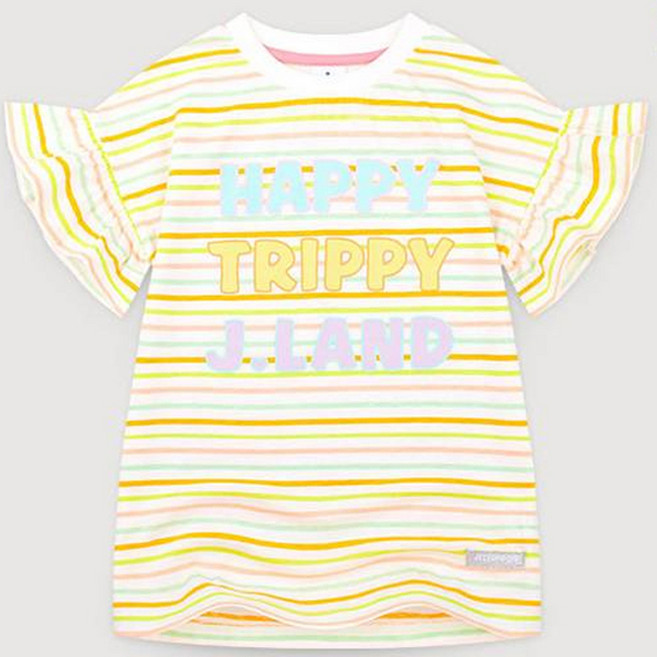 JELISPOON 女童款Happy Trippy條紋印花荷葉邊短袖長版T恤