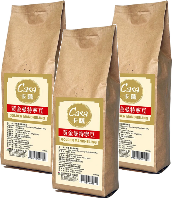 Casa 卡薩 黃金曼特寧咖啡豆, 全豆咖啡(未研磨), 454g, 3包