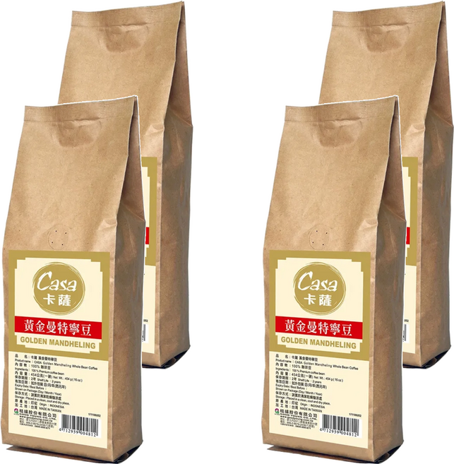 Casa 卡薩 黃金曼特寧咖啡豆, 全豆咖啡(未研磨), 454g, 4包