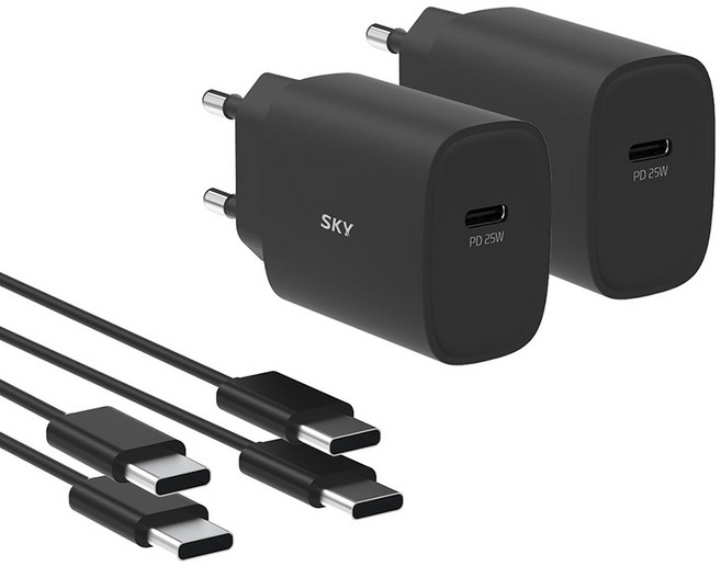SKY 필 Q1X 25W PD 초고속 충전기 어댑터 + C타입 고속 충전 케이블 세트, 블랙, 2세트