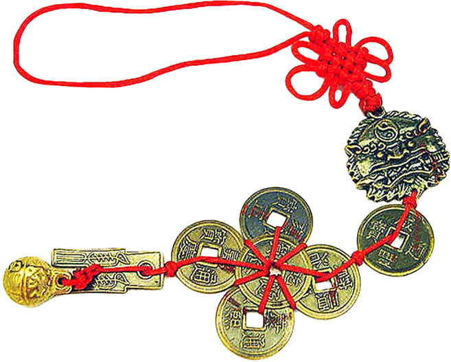 開運陶源 太極八卦陣獅咬劍 + 六帝錢 + 催財銅鈴, 銅色 + 紅色, 1個