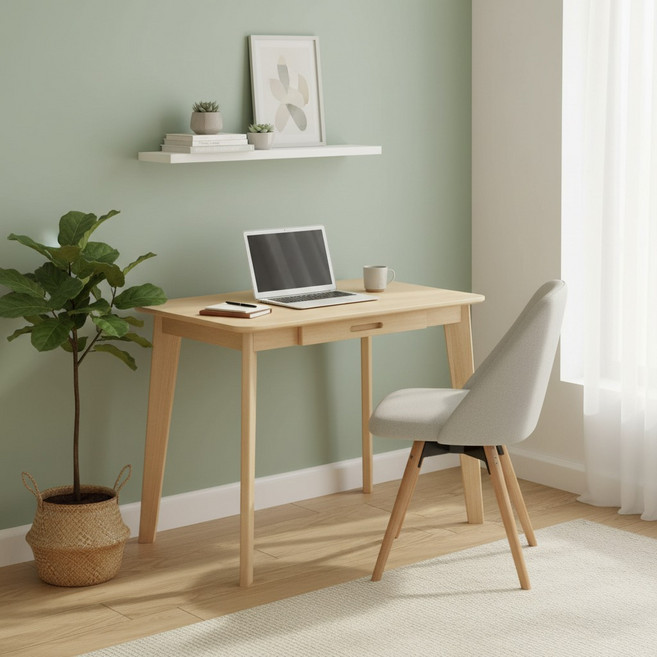 AOTTO 創意傢俱 北歐風實木桌腳單抽屜書桌 電腦桌, 原木色