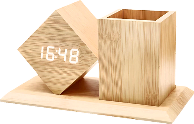 上手家居 LED 鬧鐘筆筒 文具收納 原木色 305g 190*100*105 1入