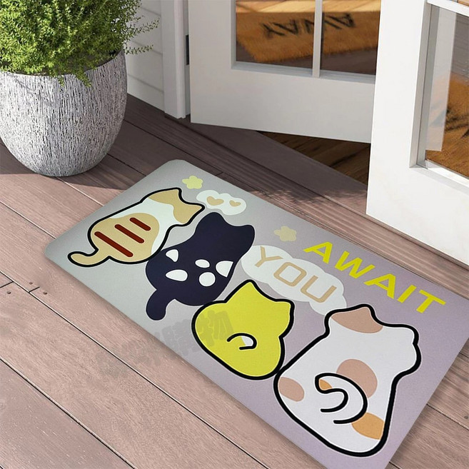 矽藻土軟地墊 加厚款 方形, 咪咪等你 灰色 + 米白色 + 黃色, 2個