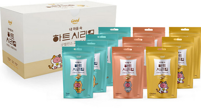 굿밸런스 고양이 간식 하트시리얼 참치맛 4p + 닭고기맛 3p + 연어맛 3p, 혼합맛(참치/닭고기/연어), 800g, 1세트