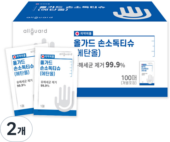 올가드 일회용 손소독티슈 낱개포장형, 100개입, 2개