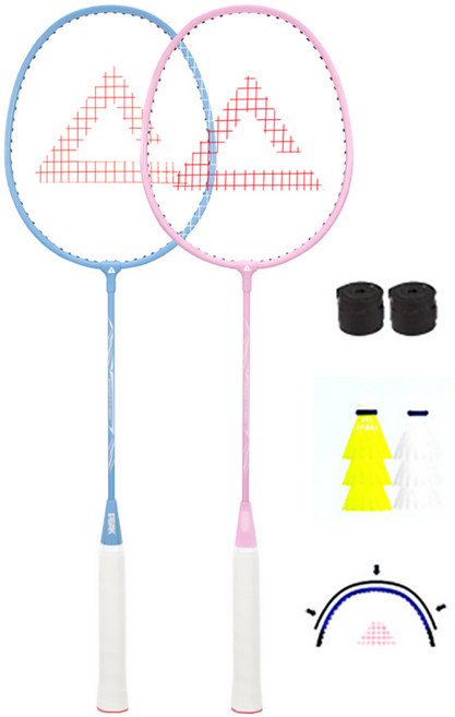 PEAK 輕量減震羽毛球拍雙拍套組 附球6個 + 握把布2個 + 拍頭保護貼2個 天藍色 + 桃粉色, 1套, 711AT49F12BP
