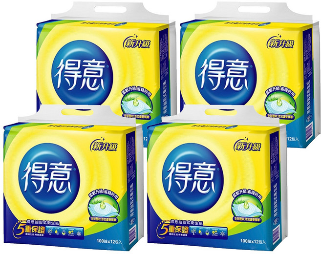 得意 連續抽取式花紋衛生紙 柔軟升級 細緻棉柔 400度高溫殺菌處理, 12包, 4袋