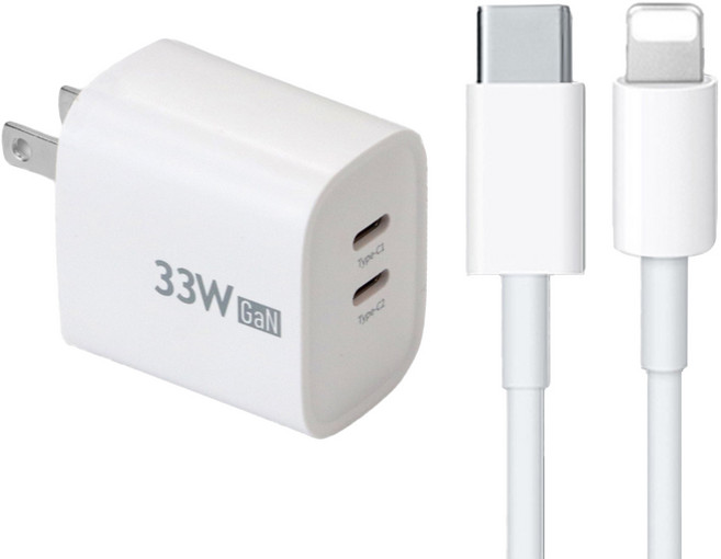 DTAudio 氮化鎵33W 充電器 + iPhone PD快充線 2m, 白色, 1套