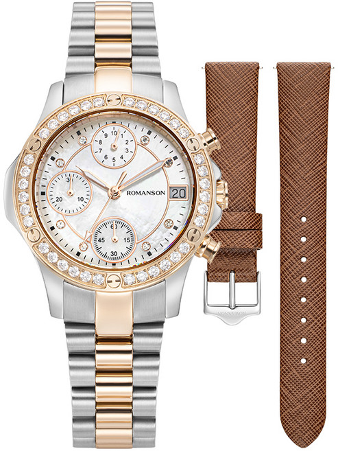ROMANSON 女用 Lumiere Astre 計時碼錶白色錶盤手錶禮品套組 RWRMQL2B7000CRCR0