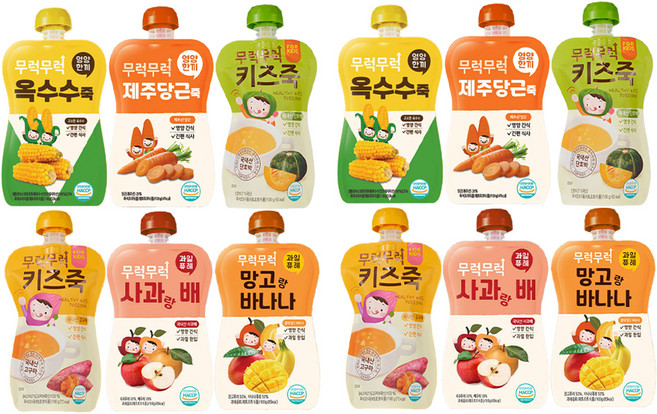 이유케어스 유아용 무럭무럭 키즈죽 6종 세트, 옥수수, 당근, 단호박, 고구마, 사과랑배, 망고랑바나나, 2세트, 100g