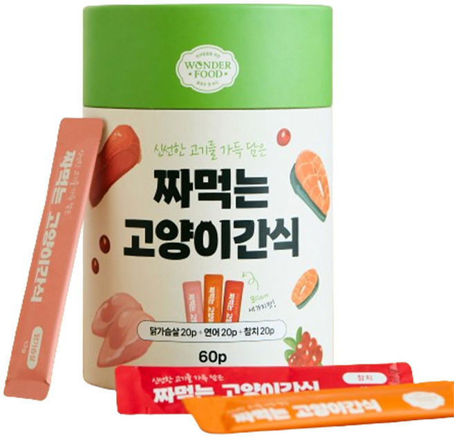 원더푸드 짜먹는 고양이 간식 60p, 혼합맛(닭가슴살/연어/참치), 720g, 1세트