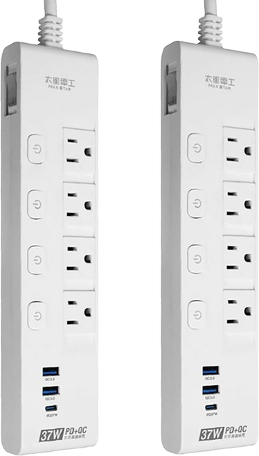 MAX STAR 太星電工 速充寶 PD37W 五開四插快充滑蓋電腦線 3P, 1.2m, 白色, 2個