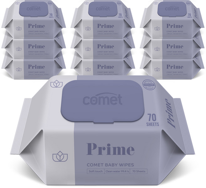 코멧 아기물티슈 프라임 도톰한 엠보싱 캡형 더마테스트 인증, 10팩, 70매, 70g