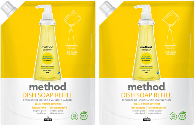 메소드 주방세제 레몬민트향 리필, 1L, 2개