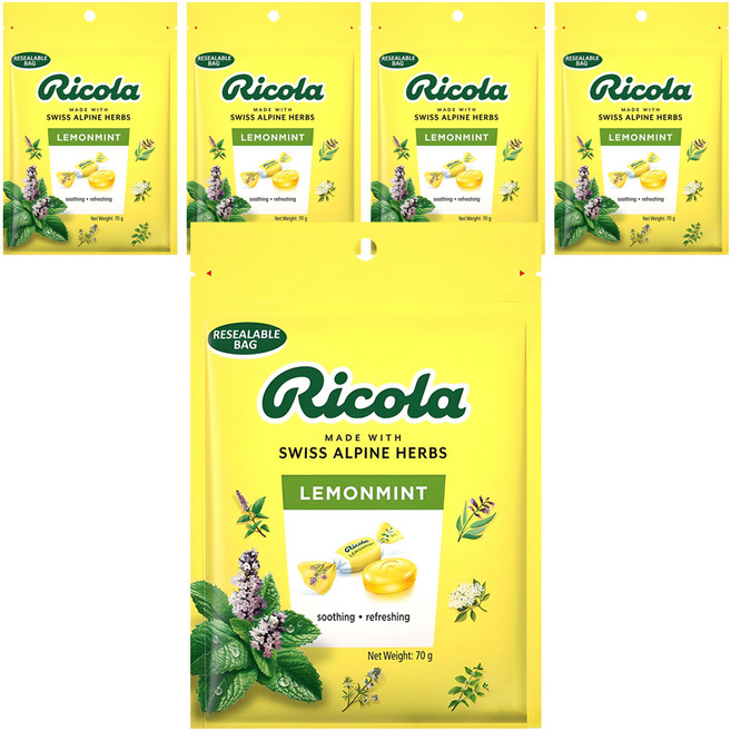 Ricola 利口樂 瑞士草本喉糖 檸檬薄荷口味, 70g, 5袋