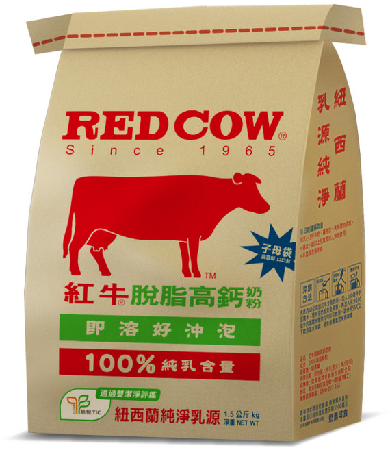 RED COW 紅牛 紐西蘭 脫脂高鈣奶粉, 1.5kg, 1袋