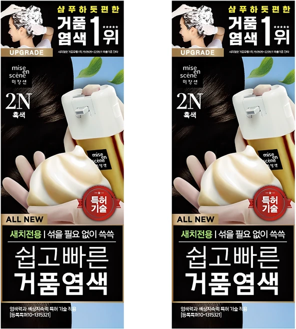 미쟝센 올 뉴 쉽고 빠른 거품 염색제, 2N흑색, 2개 - 쿠팡