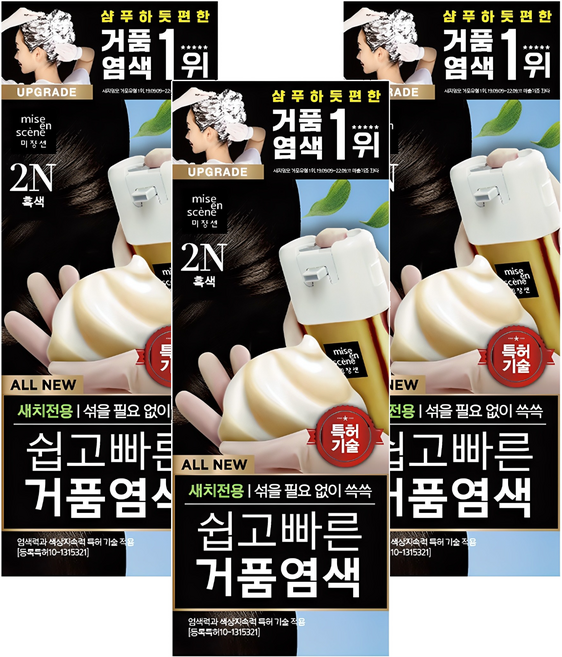 미쟝센 쉽고 빠른 거품 염색 새치전용, 2N 흑색, 3개