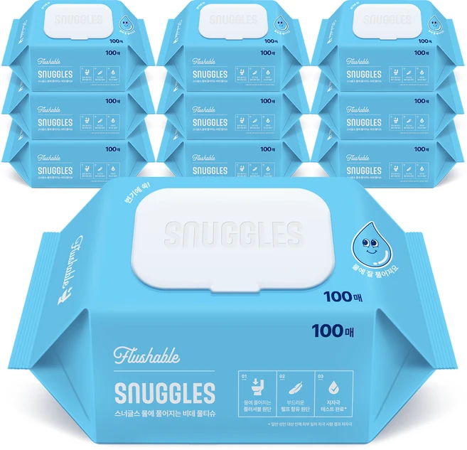 스너글스 물에 풀어지는 비데티슈 피부 저자극 인증, 10팩, 100매, 55g - 쿠팡
