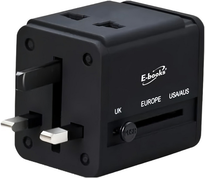 E-books B70 雙孔USB萬國旅行轉接頭充電器, 黑色, 1盒