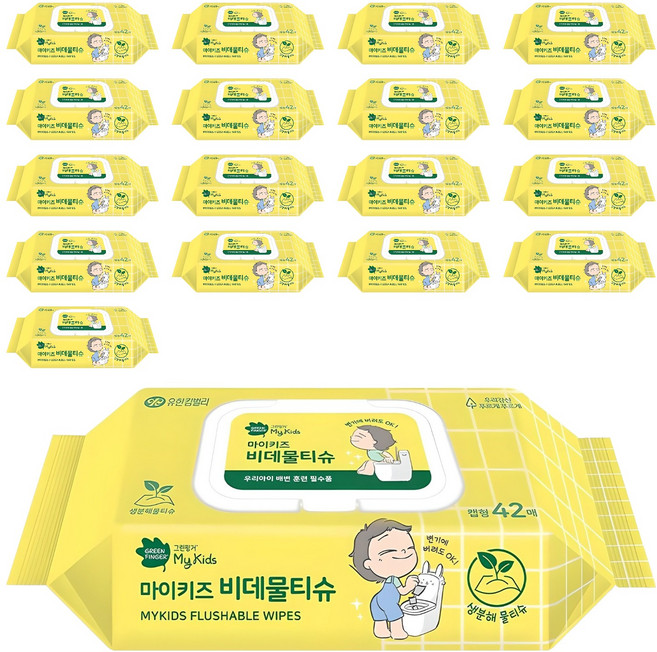 그린핑거 마이키즈 비데물티슈 캡형, 55g, 42매, 18개