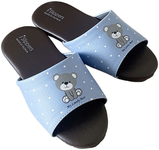 TAIWAN SLIPPER 台灣犀利趴 兒童室內鞋 皮質室內拖鞋 療癒小熊, 藍色, 1雙