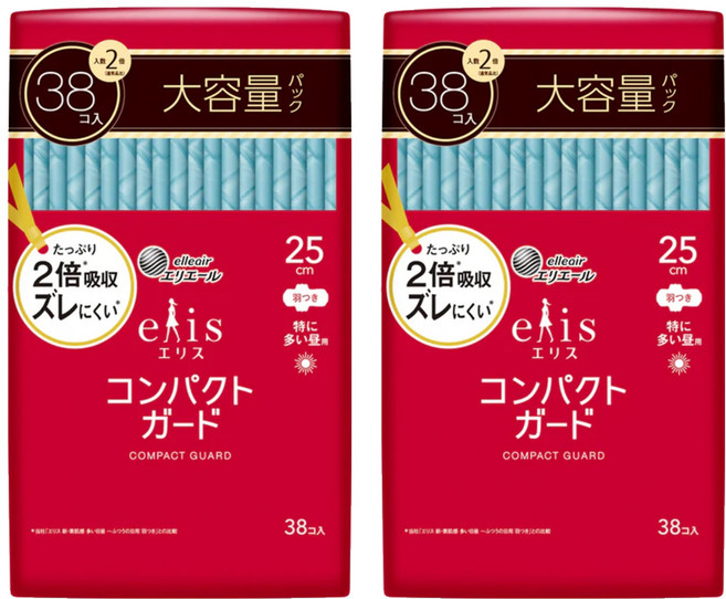 elleair 艾黎艾爾 elis 愛麗思 日本原裝進口 極致薄衛生棉 護翼型, 日用量多安心型(25cm), 38片, 2包