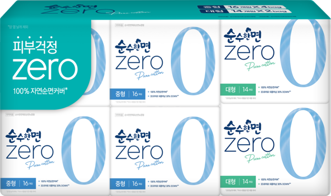 순수한면 제로 순면 생리대 날개형 중형 16p x 4팩 + 대형 14p x 2팩, 1세트