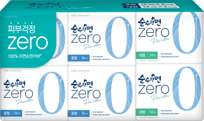 순수한면 제로 순면 생리대 날개형 중형 16p x 4팩 + 대형 14p x 2팩, 1세트 - 쿠팡