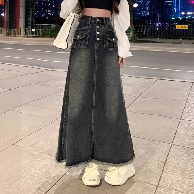 PEONIST 高腰破損感細褶長版牛仔裙