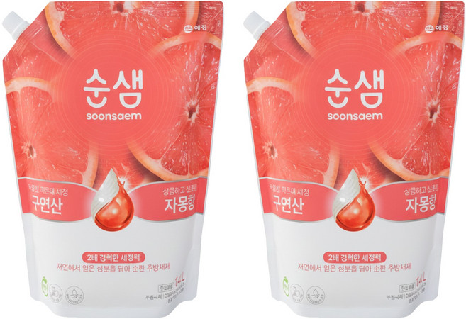 Soonsaem 檸檬酸 x 葡萄柚 蔬果碗盤洗潔精補充包, 1.4L, 2包
