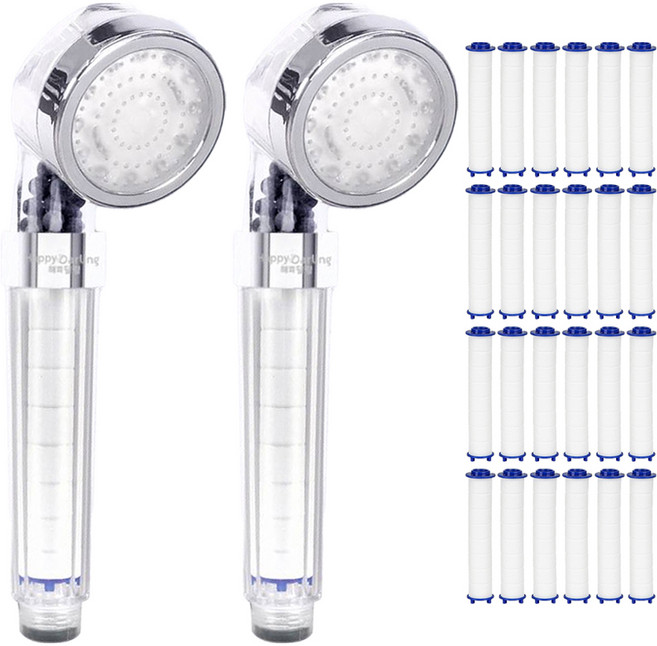 해피달링 3색 수력발전 LED 샤워기 + 필터 12p 세트, 2개, 화이트