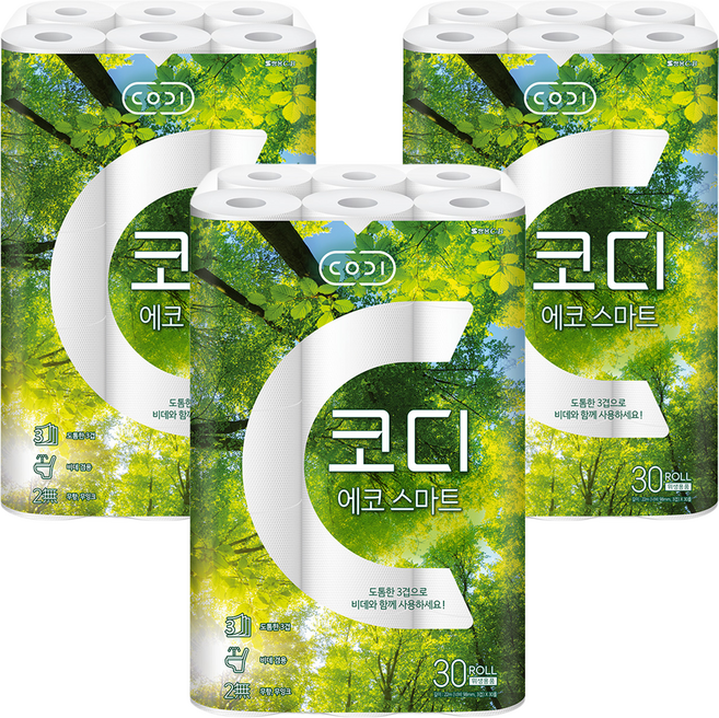 코디 3겹 에코 스마트 롤화장지, 22m, 30개입, 3개