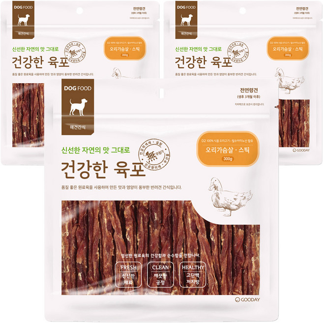 굿데이 강아지 건강한 육포, 오리가슴살 스틱, 300g, 3개