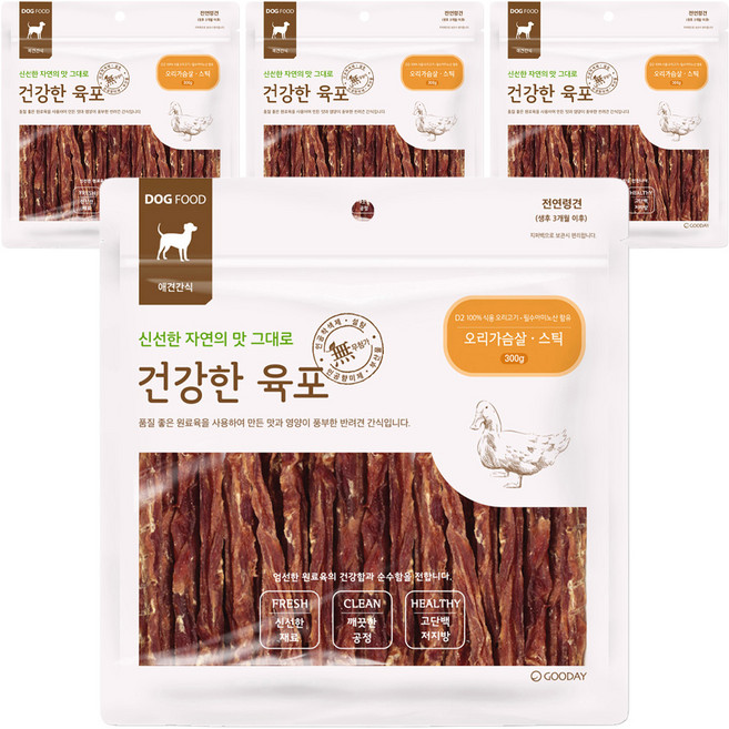 굿데이 강아지 건강한 육포, 오리가슴살 스틱, 300g, 4개