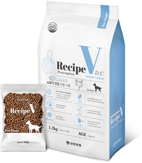 유한양행레시피브이 강아지 처방식 사료, 소화기능/췌장/위개선, 1.2kg, 1개