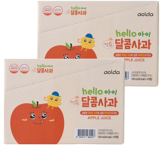 아올다 헬로아이 착즙 달콤사과, 100ml, 20개