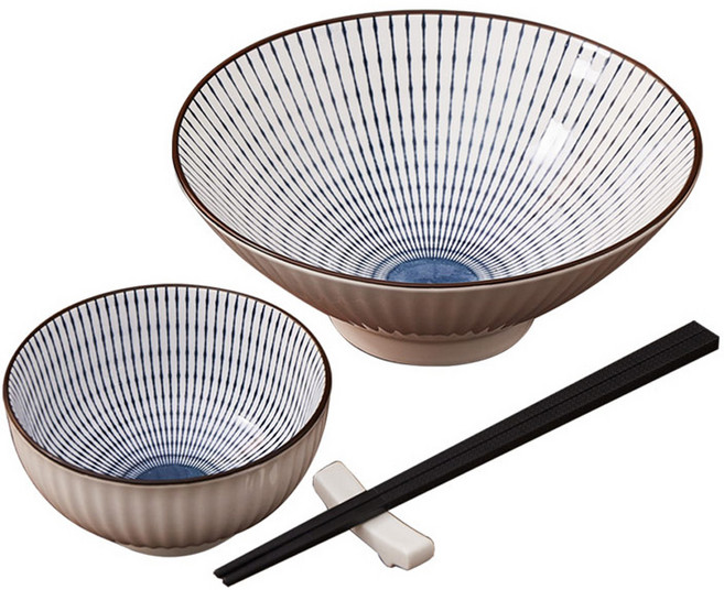 好料理 丼碗組 YA023002 高溫陶瓷 拉麵碗 飯碗 筷子, 白色 + 藍色, 拉麵碗 + 飯碗 + 筷子, 1組