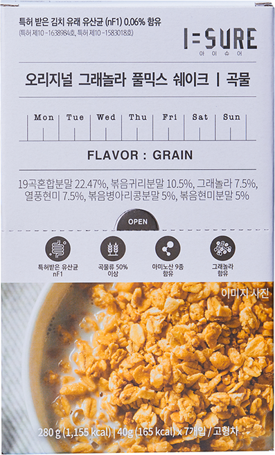 아이슈어 프로틴 그래놀라 풀믹스 쉐이크 곡물맛 7p, 280g, 1개