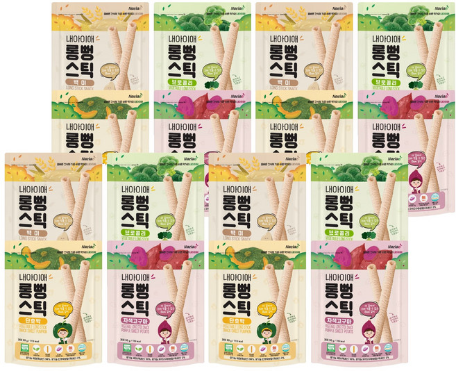 내아이애 유기농 야채 롱뻥 쌀과자 4종 세트, 백미 + 자색고구마 + 단호박 + 브로콜리, 120g, 3세트