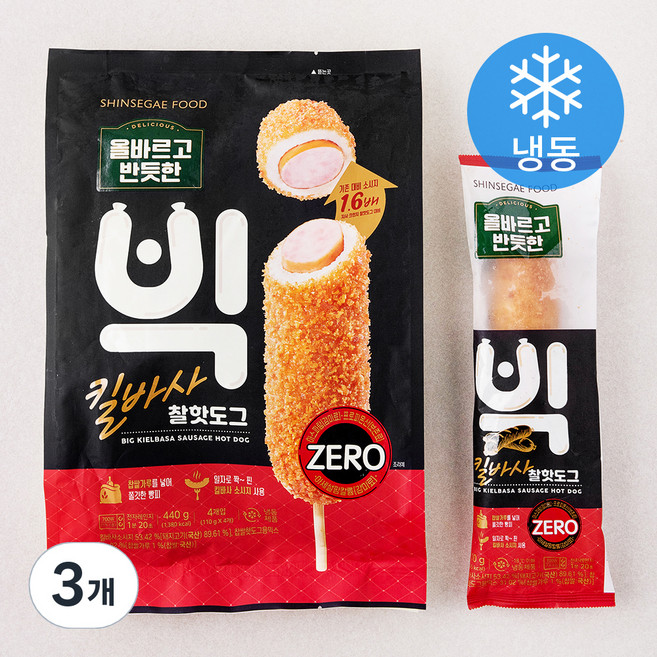 신세계푸드 올바르고 반듯한 빅 킬바사 찰핫도그 (냉동), 110g, 4개입, 3개
